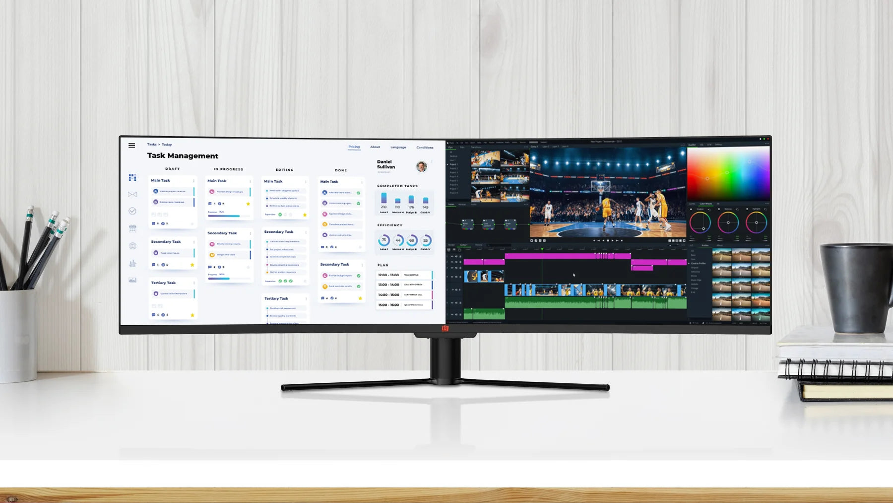 Deco Gear 49" Monitor on a table with a multiview layout with one window using a project management software and the other using a video editing software.